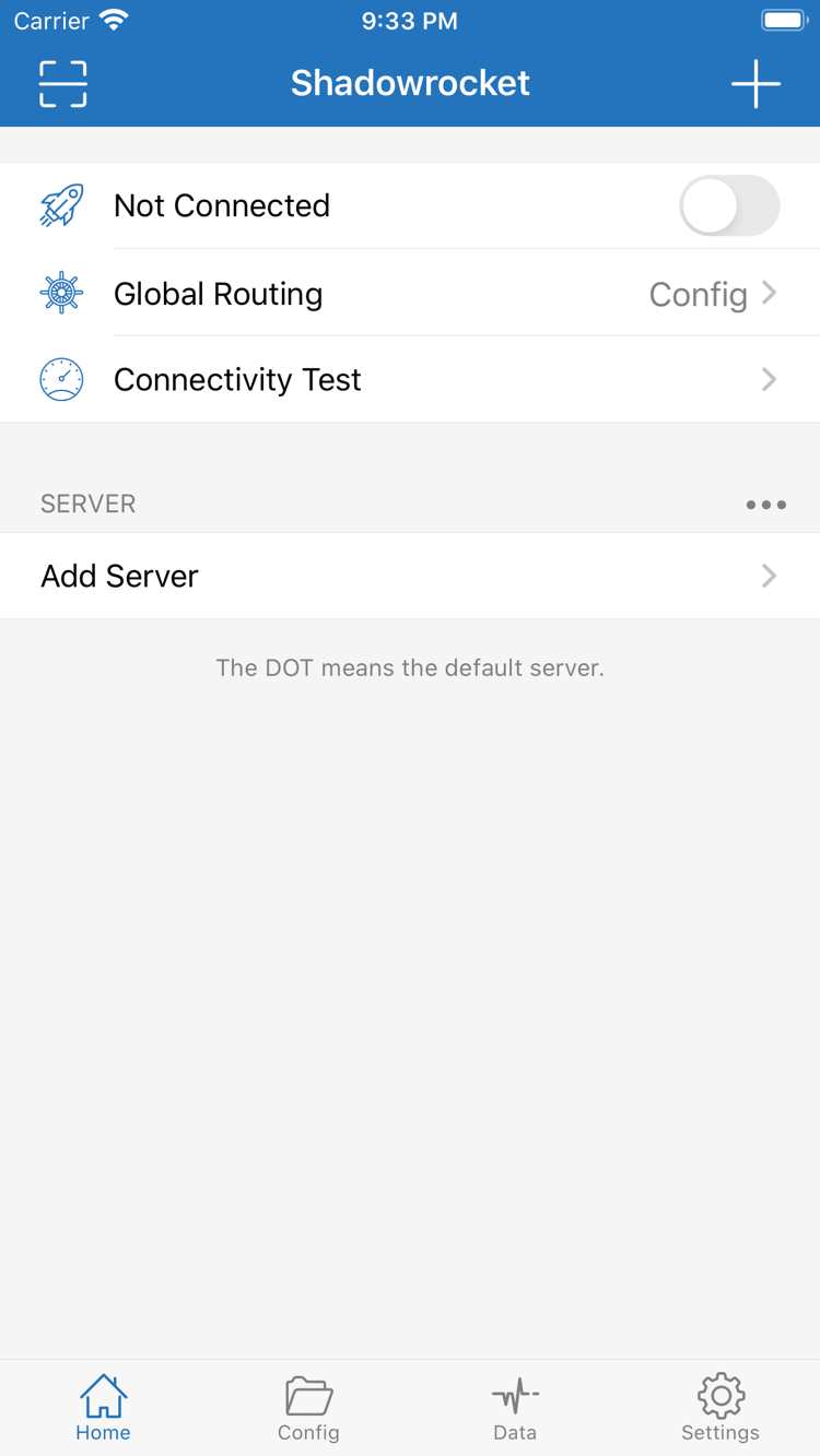 Shadowrocket Home 官方截圖，展示 Not Connected 開關、Global Routing、Connectivity Test、SERVER 與 Add Server