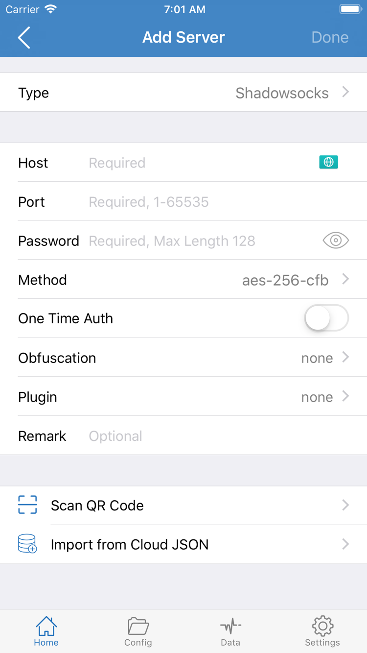 Shadowrocket Add Server 官方截圖，展示 Type、Host、Port、Password、Method 與匯入入口