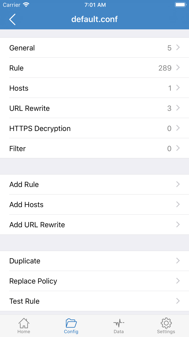 Shadowrocket Config 官方截圖，展示 General、Rule、Hosts、URL Rewrite、HTTPS Decryption 與 Add Rule