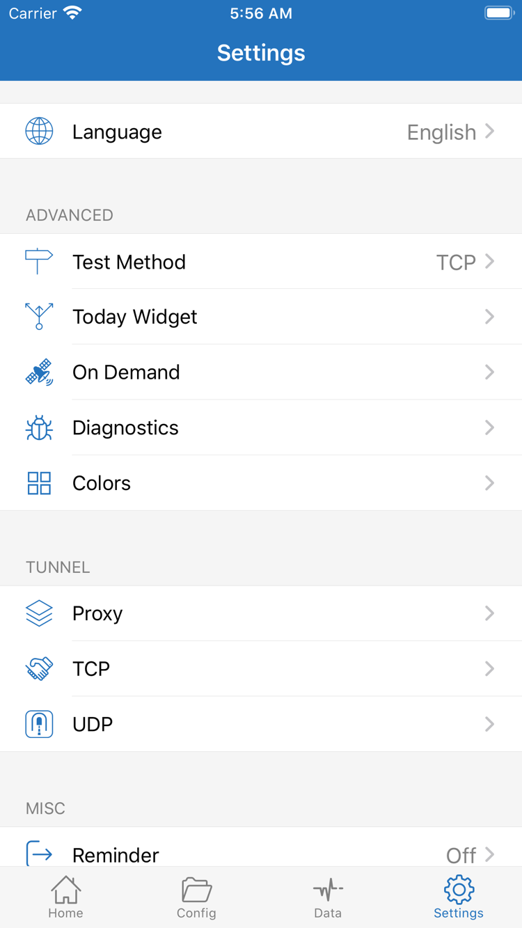 Shadowrocket Settings 官方截圖，展示 Language、Test Method、Today Widget、On Demand、Diagnostics、Proxy、TCP 與 UDP